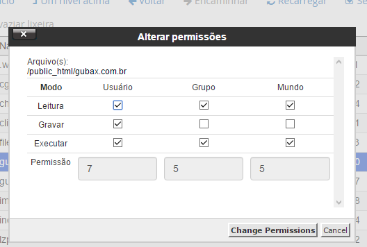 Instruções chmod 777 cpanel
